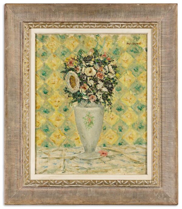 Arnold Arthur Friedman (1879-1946): Pointillist Still life of Vases of Flowers and Candlesticks on a Shelf. American Pointillism
