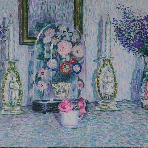 Arnold Arthur Friedman (1879-1946): Pointillist Still life of Vases of Flowers and Candlesticks on a Shelf