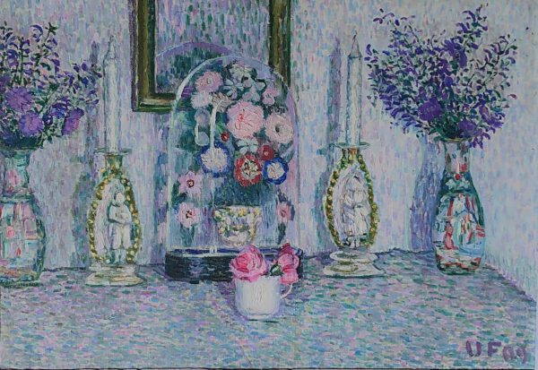Arnold Arthur Friedman (1879-1946): Pointillist Still life of Vases of Flowers and Candlesticks on a Shelf