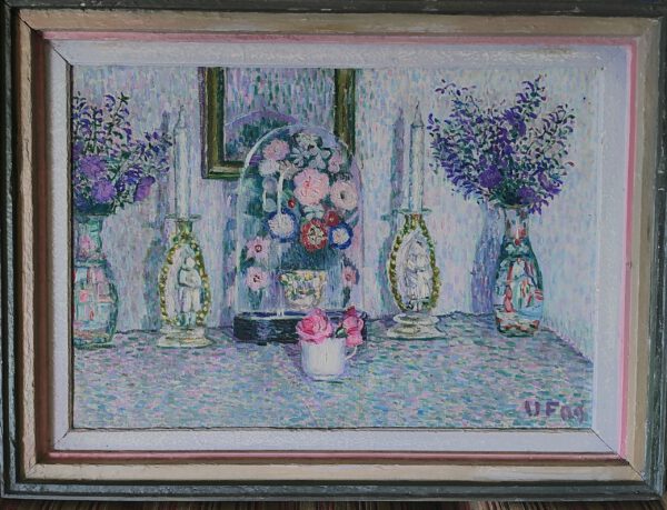 Arnold Arthur Friedman (1879-1946): Pointillist Still life of Vases of Flowers and Candlesticks on a Shelf