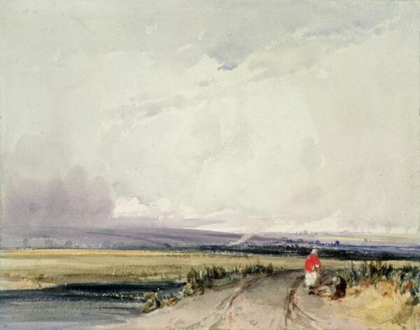 Attributed to Richard Parkes Bonington (1802-1828) Travellers on a Road in Normandy, with a Spire in the Distance ,19th Century Romantic