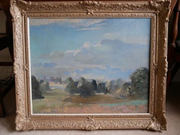 Teng-Hiok Chiu (1903-1972): Essex Landscape with Pond, Farmhouse and Windmill