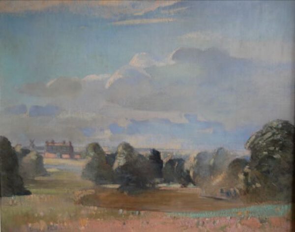 Teng-Hiok Chiu (1903-1972): Essex Landscape with Pond, Farmhouse and Windmill