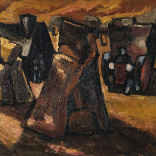 Josef Herman (1911-2000): Harvesting Scene with a Tractor, Bales and Figures