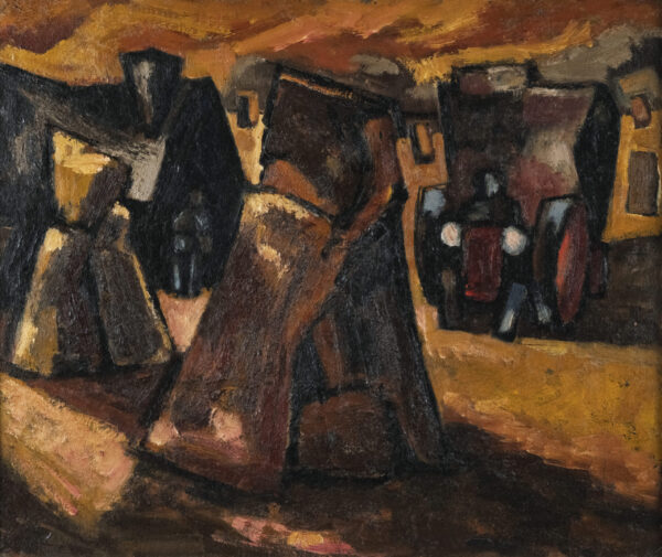 Josef Herman (1911-2000): Harvesting Scene with a Tractor, Bales and Figures