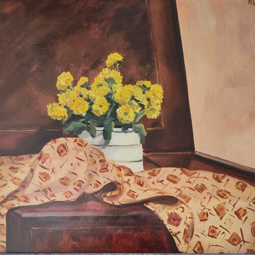 Paul Maze (1887-1979) A Still Life of Primroses in a Jug on a Patterned Cloth.