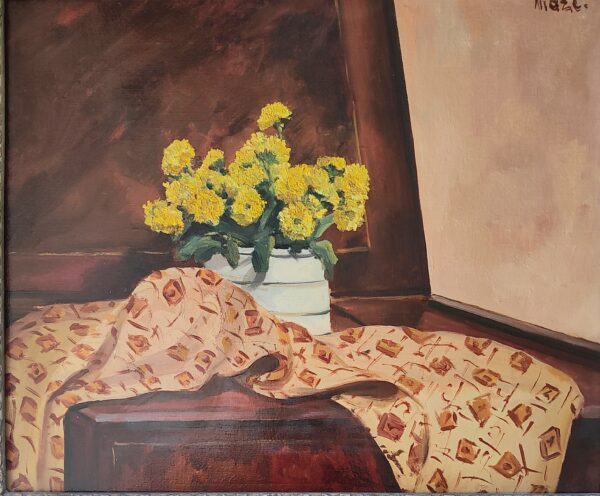 Paul Maze (1887-1979) A Still Life of Primroses in a Jug on a Patterned Cloth.