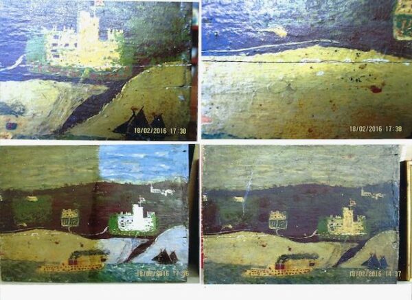 British Primitive School circa 1930 , View of Dartmouth Castle with a Steamship and Fishing Trawler.