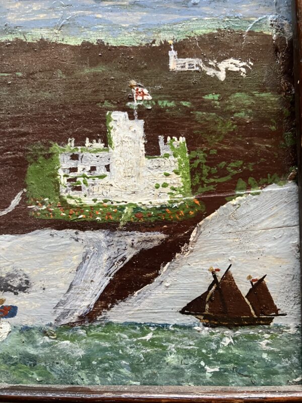 British Primitive School circa 1930 , View of Dartmouth Castle with a Steamship and Fishing Trawler.