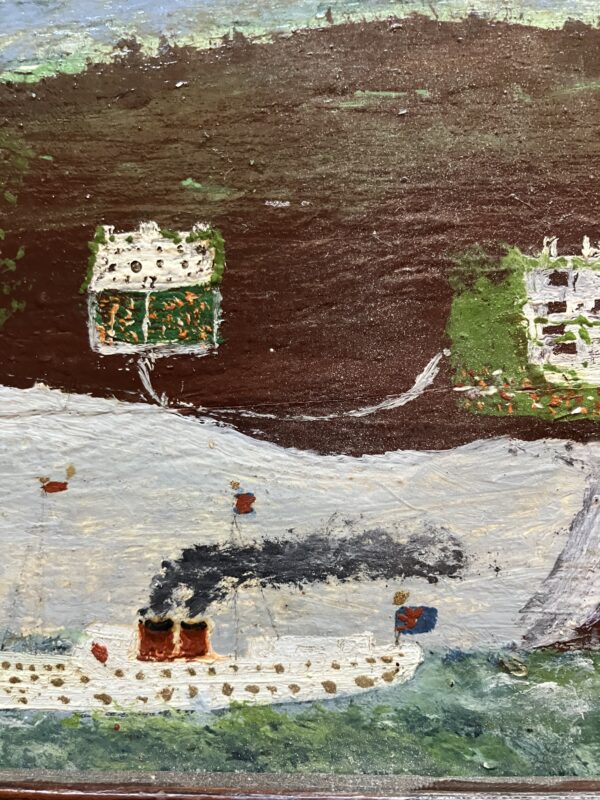 British Primitive School circa 1930 , View of Dartmouth Castle with a Steamship and Fishing Trawler.