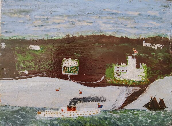 British Primitive School circa 1930 , View of Dartmouth Castle with a Steamship and Fishing Trawler.